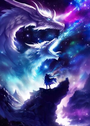 Mystical Dragons in a Cosmic Dance - Premium Wooden Framed Poster. Ready to Hang.