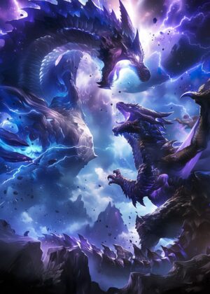 Epic Dragon Battle: A Fantasy Art Print - Premium Wooden Framed Poster. Ready to Hang.