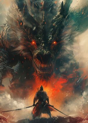 Samurai Facing a Dragon: Epic Fantasy Art Print - Premium Wooden Framed Poster. Ready to Hang.