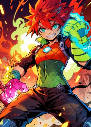 Fiery Crazy Boy: Anime-Style Digital Art Print - Premium Wooden Framed Poster. Ready to Hang.
