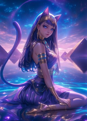 Celestial Goddess Bastet: Digital Art Print - Premium Wooden Framed Poster. Ready to Hang.