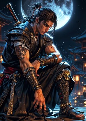 Moonlit Samurai: A Digital Art Print - Premium Wooden Framed Poster. Ready to Hang.