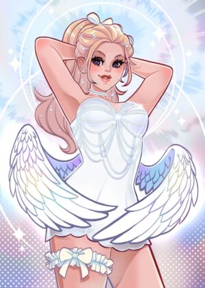 Celestial Angel: A Whimsical Artwork - Premium Wooden Framed Poster. Ready to Hang.