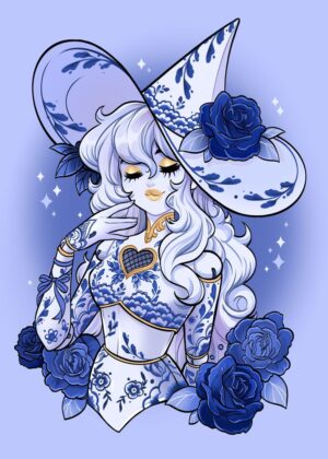 Blue Willow Witch: Fantasy Art Print - Premium Wooden Framed Poster. Ready to Hang.