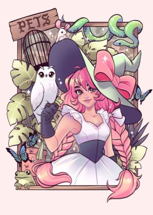 Pet Shop Witch: Whimsical Fantasy Art Print - Premium Wooden Framed Poster. Ready to Hang.