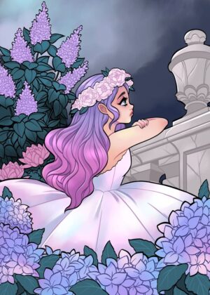 Garden Girl: A Whimsical Illustration of a Young Woman Amidst Blooming Flowers - Premium Wooden Framed Poster. Ready to Hang.