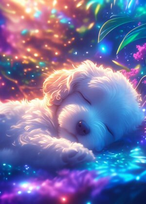 Sweet Dreams: A Magical Puppy Portrait - Premium Wooden Framed Poster. Ready to Hang.