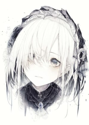 Sad Anime Girl with White Hair and Dark Clothing - Premium Wooden Framed Poster. Ready to Hang.
