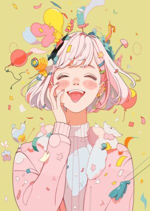 Cute Happy Anime Girl Art Print - Premium Wooden Framed Poster. Ready to Hang.
