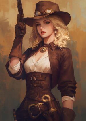 Anime Steampunk Cowgirl Art Print - Premium Wooden Framed Poster. Ready to Hang.