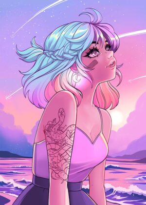 Shooting Star Girl: Dreamy Pastel Art Print - Premium Wooden Framed Poster. Ready to Hang.