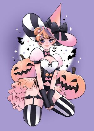 Adorable Pumpkin Witch Halloween Art Print - Premium Wooden Framed Poster. Ready to Hang.