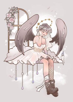 Celestial Watcher: An Angelic Artwork - Premium Wooden Framed Poster. Ready to Hang.