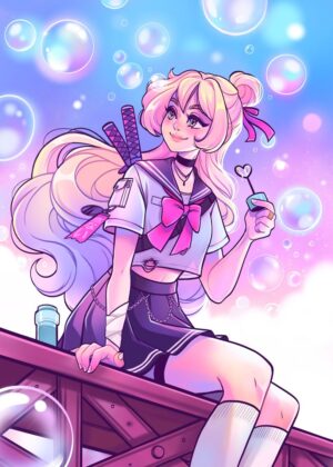 Apokalypse Bubble Girl: Pastel Goth Anime Art Print - Premium Wooden Framed Poster. Ready to Hang.