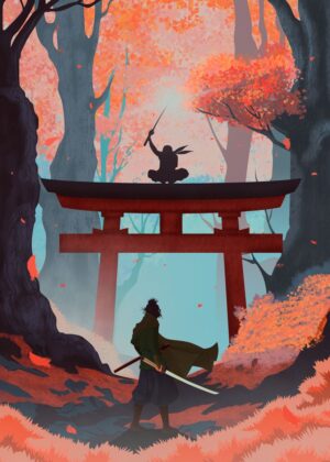 Samurai Shinobi Duel: Autumnal Showdown - Premium Wooden Framed Poster. Ready to Hang.