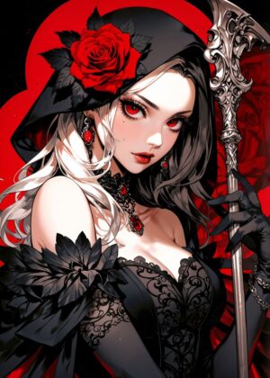 Dark Fantasy Beauty: Gothic Anime Girl Art Print - Premium Wooden Framed Poster. Ready to Hang.