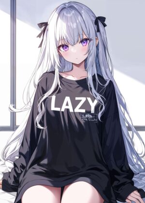 Lazy Anime Girl with Vibrant Purple Eyes - Premium Wooden Framed Poster. Ready to Hang.