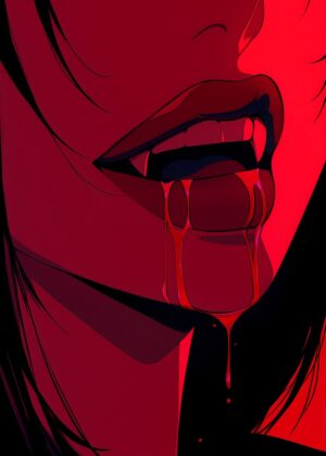 Crimson Embrace: Anime Vampire Art Print - Premium Wooden Framed Poster. Ready to Hang.