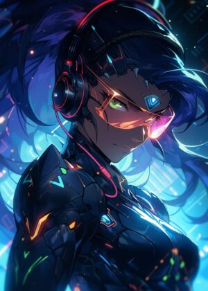 Cyberpunk Female Soldier: High-Tech Art Print - Premium Wooden Framed Poster. Ready to Hang.