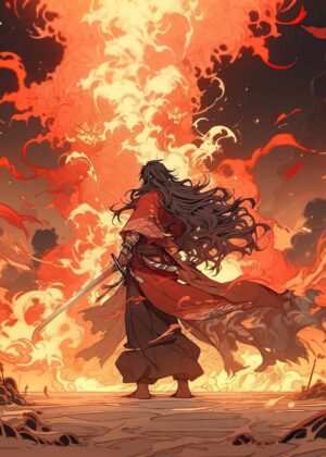 Fiery Demon Slayer Artwork: Anime-Inspired Digital Painting - Premium Wooden Framed Poster. Ready to Hang.
