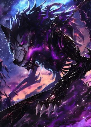 Anime Purple Demon Wolf Art Print - Premium Wooden Framed Poster. Ready to Hang.
