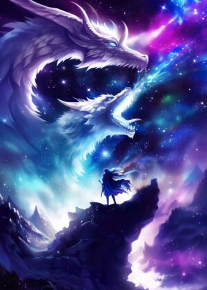 Galaxy Dragon Fusion: Celestial Dragons and a Solitary Figure - Premium Wooden Framed Poster. Ready to Hang.
