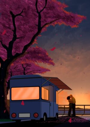 Romantic Sunset Anime Art Print - Premium Wooden Framed Poster. Ready to Hang.