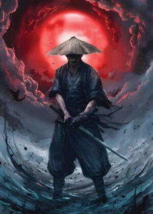 Anime Samurai Sengoku: Warrior Under a Blood Moon - Premium Wooden Framed Poster. Ready to Hang.