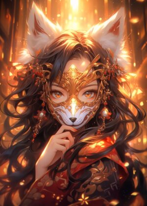 Mystical Enchantress: A Fairy Fox Girl Anime Artwork - Premium Wooden Framed Poster. Ready to Hang.