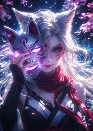 Mysterious Fox Girl: Digital Art Print - Premium Wooden Framed Poster. Ready to Hang.