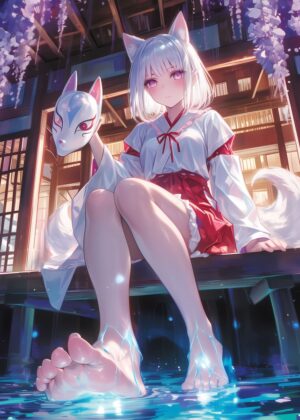 Ethereal Fox Spirit Shrine Maiden Art Print - Premium Wooden Framed Poster. Ready to Hang.