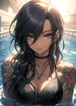 Poolside Tattoo Girl: Anime Art Print - Premium Wooden Framed Poster. Ready to Hang.