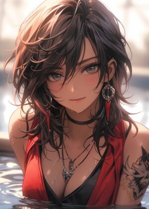 Confident Poolside Beauty: Anime Girl Art Print - Premium Wooden Framed Poster. Ready to Hang.
