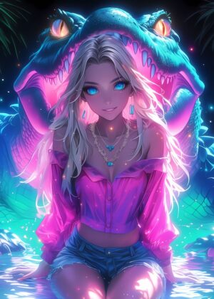 Neon Crocodile Girl: Anime Art Print - Premium Wooden Framed Poster. Ready to Hang.