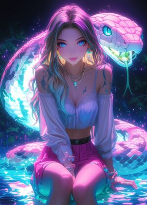 Neon Snake Girl: A Cyberpunk Fantasy Artwork - Premium Wooden Framed Poster. Ready to Hang.