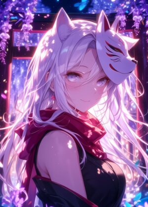 Serene Fox Mask Girl: Anime Art Print - Premium Wooden Framed Poster. Ready to Hang.