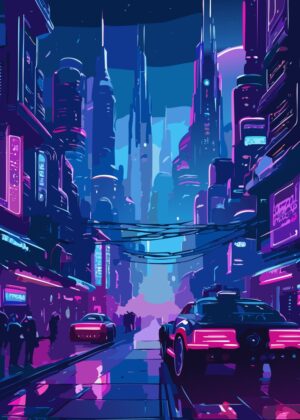 Neon Nights: Cyberpunk Cityscape - Premium Wooden Framed Poster. Ready to Hang.