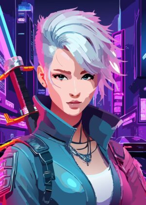 Cyberpunk Woman With Sword: Neon City Art Print - Premium Wooden Framed Poster. Ready to Hang.