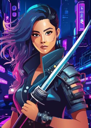 Cyberpunk Woman With Katana: Neon City Nights - Premium Wooden Framed Poster. Ready to Hang.