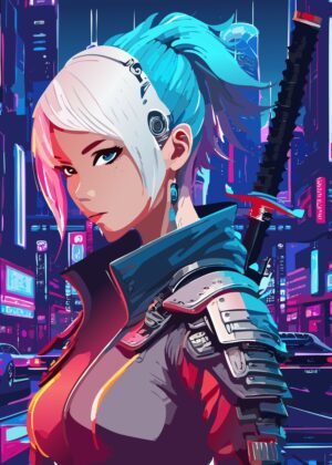 Cyberpunk Samurai Girl: Neon City Nights - Premium Wooden Framed Poster. Ready to Hang.