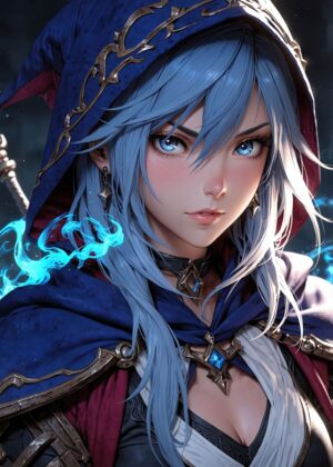 Stunning Anime Girl with Blue Hair and Mystical Abilities - Premium Wooden Framed Poster. Ready to Hang.