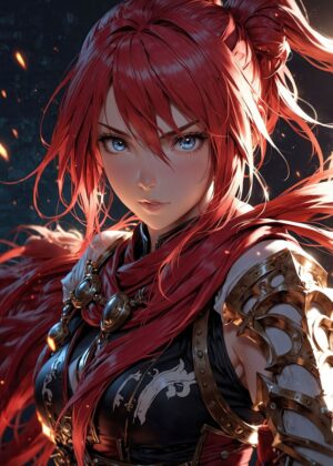 Fiery Anime Maiden: A Breathtaking Digital Art Print - Premium Wooden Framed Poster. Ready to Hang.