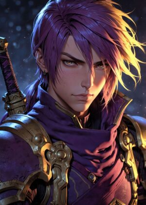 Anime Samurai: Purple-Haired Warrior Art Print - Premium Wooden Framed Poster. Ready to Hang.