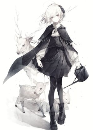 Anime Girl with Deer - Monochrome Illustration - Premium Wooden Framed Poster. Ready to Hang.