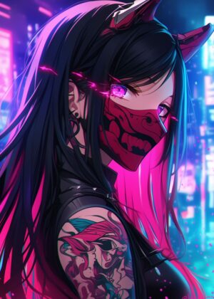 Neon Oni Cybergirl: Cyberpunk Anime Art Print - Premium Wooden Framed Poster. Ready to Hang.