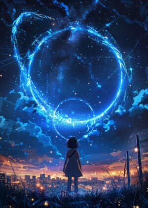 Galactic Sky Girl: Anime Art Print - Premium Wooden Framed Poster. Ready to Hang.