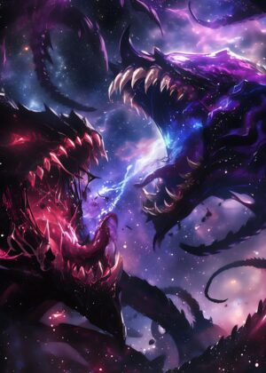 Cosmic Clash: A Galactic Battle of Titans - Premium Wooden Framed Poster. Ready to Hang.