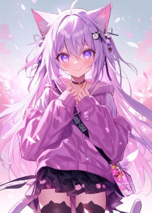Adorable Anime Catgirl in Purple - Premium Wooden Framed Poster. Ready to Hang.