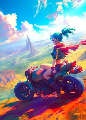 Anime Girl on Motorcycle: Vibrant Sunset Ride - Premium Wooden Framed Poster. Ready to Hang.