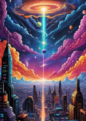 SpaceWorld: Cityscape at the End of the Universe - Premium Wooden Framed Poster. Ready to Hang.